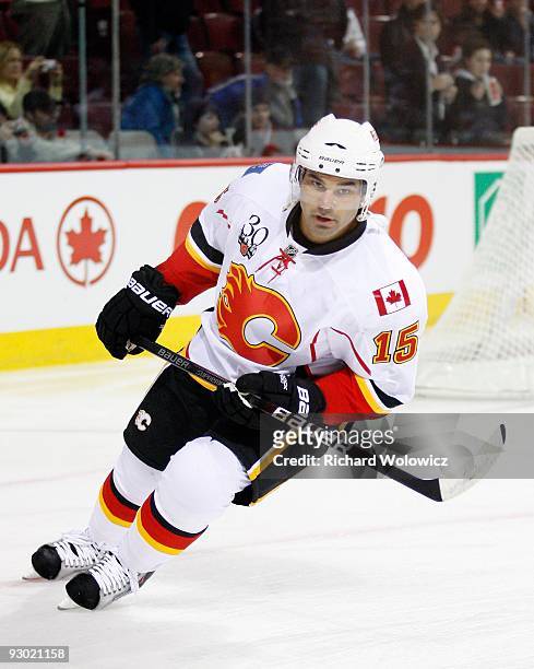 Nigel Dawes of the Calgary Flames skates during the warm up period prior to facing the Montreal Canadiens in the NHL game on November 10, 2009 at the...