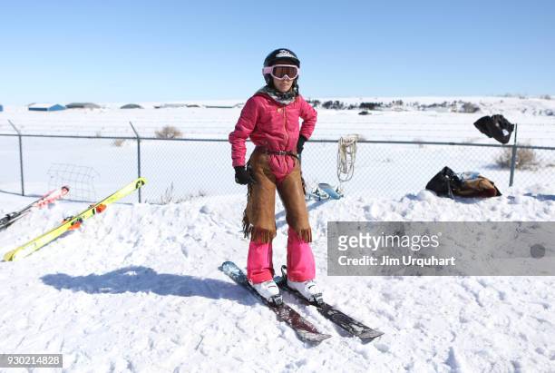 Phoebe Alverson prepares to compete in the National Finals Skijoring Races on March 10, 2018 in Red Lodge, Montana. Competitors had to navigate four...