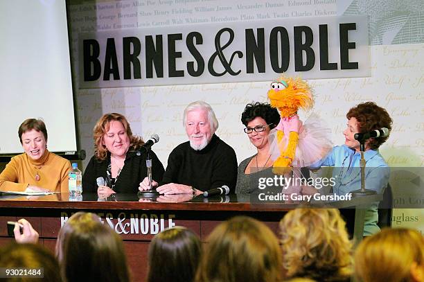 Author Louise Gikow, executive producer Carol-Lynn Parente, puppeteers Caroll Spinney, Sonia Manzano, and Fran Brill with "Sesame Street" puppet Zoe...