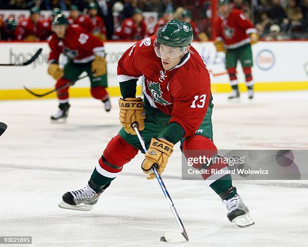 Mike Cammalleri of the Montreal Canadiens stick handles the puck during the NHL game against the Calgary Flames on November 10, 2009 at the Bell...