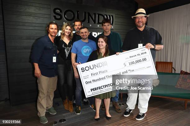 Matthew McConaughey, Melody McCloskey, Guy Oseary, Ashton Kutcher, Marc Benioff, Gary Vaynerchuk and Rebecca Liebman pose for a photo at the Sound...