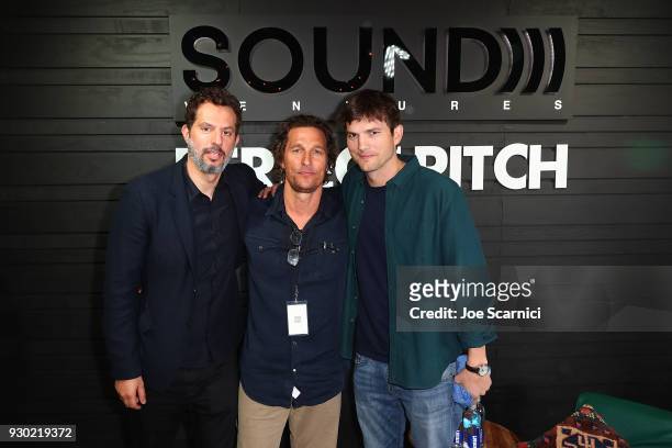 Guy Oseary, Matthew McConaughey and Ashton Kutcher pose for a photo at the the Sound Ventures Tech Competition, PerfectPitch, at SXSW at Hotel Van...