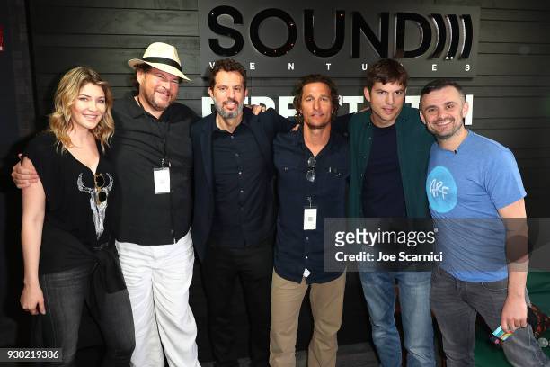 Melody McCloskey, Marc Benioff, Guy Oseary, Matthew McConaughey, Ashton Kutcher and Gary Vaynerchuk pose for a photo at the the Sound Ventures Tech...