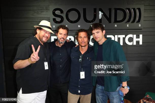 Marc Benioff, Guy Oseary, Matthew McConaughey and Ashton Kutcher pose for a photo at the the Sound Ventures Tech Competition, PerfectPitch, at SXSW...