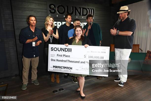 Matthew McConaughey, Melody McCloskey, Guy Oseary, Ashton Kutcher, Marc Benioff, Gary Vaynerchuk and Rebecca Liebman pose for a photo at the Sound...