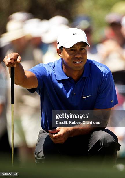Tiger Woods of the USA prepares to putt on the 6th hole during round two of the 2009 Australian Masters at Kingston Heath Golf Club on November 13,...