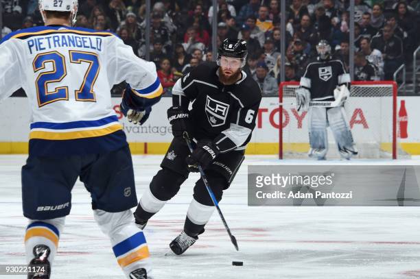 Jake Muzzin of the Los Angeles Kings handles the puck during a game against the St. Louis Blues at STAPLES Center on March 10, 2018 in Los Angeles,...