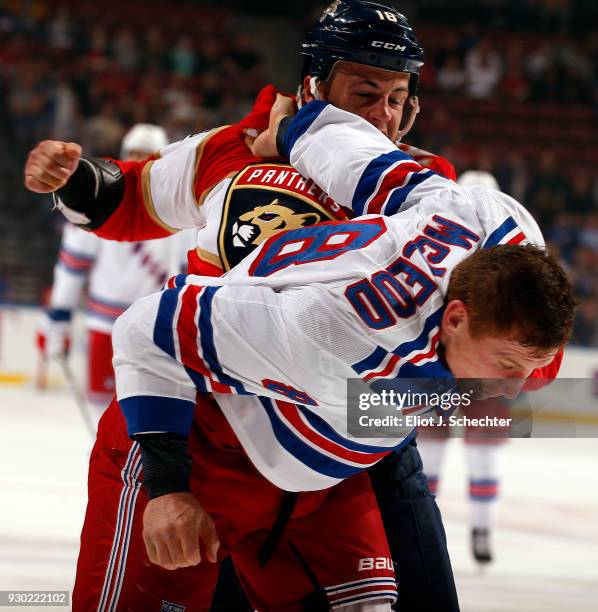 Micheal Haley of the Florida Panthers fights with Cody McLeod of the New York Rangers at the BB&T Center on March 10, 2018 in Sunrise, Florida.