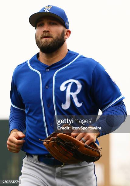 Kansas City Royals right fielder Tyler Collins runs to the dugout during the MLB Spring Training baseball game between the Kansas City Royals and the...