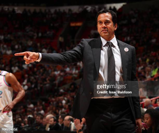 Erik Spoelstra of the Miami Heat looks on during the game against the Washington Wizards on March 10, 2018 at American Airlines Arena in Miami,...