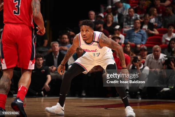 Rodney McGruder of the Miami Heat plays defense against the Washington Wizards on March 10, 2018 at American Airlines Arena in Miami, Florida. NOTE...