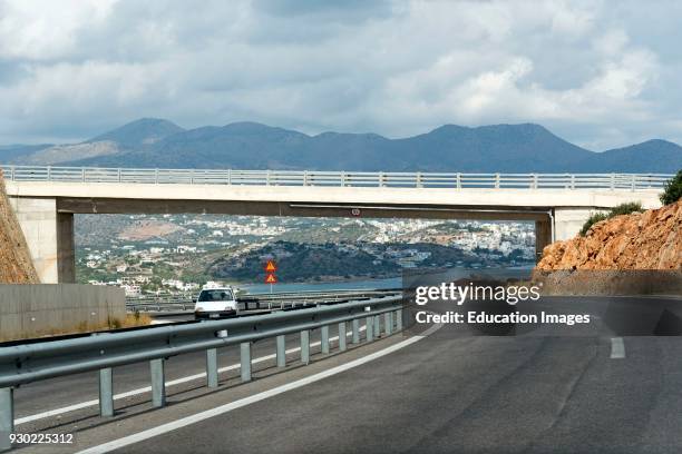 National road E75 approaching Agios Nikolaos, Crete, Greece in the distance. A new motorway standard highway.