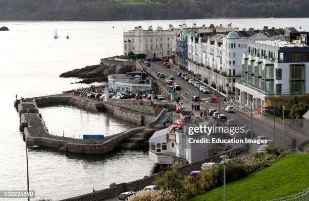 West Hoe, Plymouth, Devon, England, UK. November 2017. An overview of the west Hoe pier, housing and commercial premises on the waterfront.