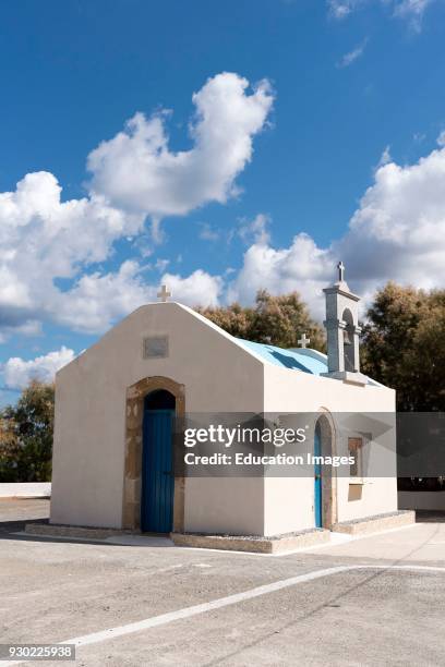 Malia Port, Lasithi, Crete, Greece, A small fisherman' s chapel painted blue and cream color.