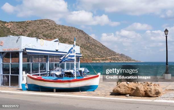 Fish restaurant, seaside resort of Plaka overlooking the Merabello Gulf in Northern Crete, Greece.