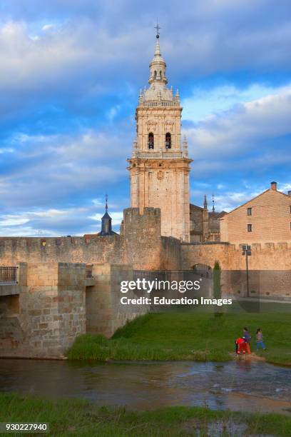 Bell tower of cathedral and city walls, Burgo de Osma-Ciudad de Osma, Soria province, Castilla Leon, Spain.