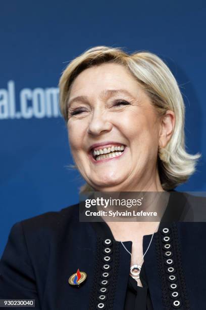 France's far-right party Front National president Marine Le Pen gives a press conference during the French far-right Front National party annual...