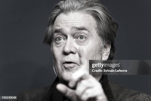 Former US President advisor Steve Bannon give a press conference during the French far-right Front National party annual congress on March 10, 2018...