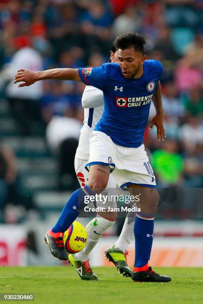 Jorge Hernandez of Pachuca and Walter Montoya of Cruz Azul fight for the ball during the 11th round match between Cruz Azul and Pachuca as part of...