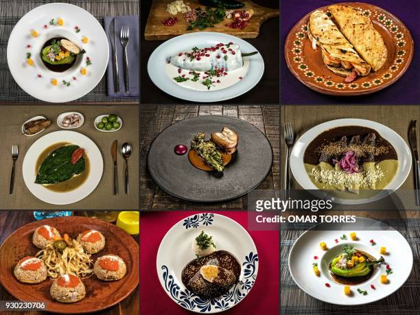 This combination of pictures created on February 07, 2018 shows a dish called "Chile de Agua" with ceviche, mango, passionfruit, brown sugar and...