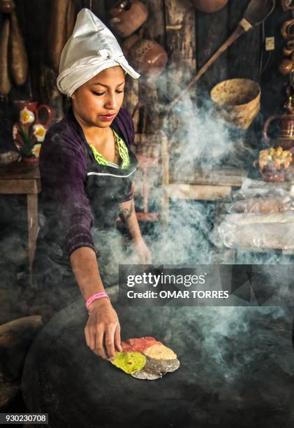 In this file photo taken on October 05 Dana Paola Alvarado makes a four-colour tortilla, made with red, white and blue corn and nopal , at a...