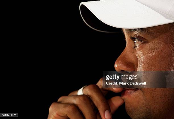 Tiger Woods of the USA speaks to the media at a press conference after round two of the 2009 Australian Masters at Kingston Heath Golf Club on...