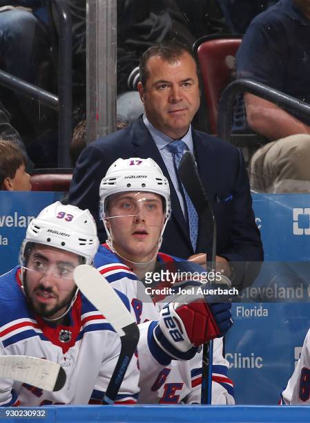 Head coach Alain Vigneault of the New York Rangers looks on during second period action against the Florida Panthers at the BB&T Center on March 10,...