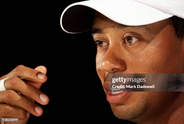 Tiger Woods of the USA speaks to the media at a press conference after round two of the 2009 Australian Masters at Kingston Heath Golf Club on...