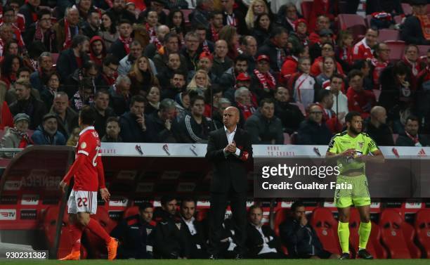 Aves head coach Jose Mota in action during the Primeira Liga match between SL Benfica and CD Aves at Estadio da Luz on March 10, 2018 in Lisbon,...