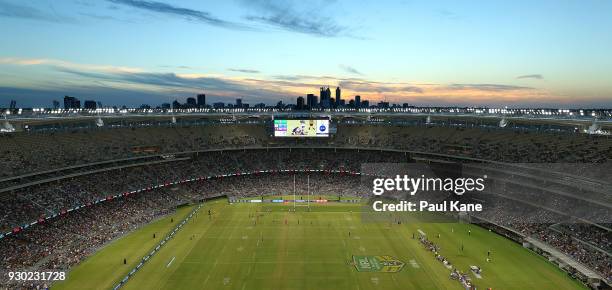 General view of play during the round one NRL match between the Canterbury Bulldogs and the Melbourne Storm at Optus Stadium on March 10, 2018 in...