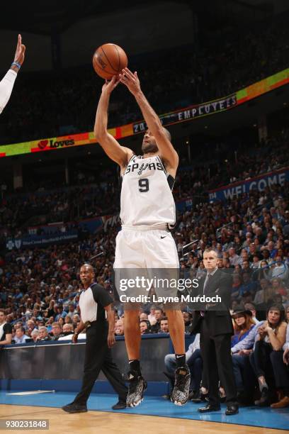 Tony Parker of the San Antonio Spurs shoots the ball against the Oklahoma City Thunder on March 10, 2018 at Chesapeake Energy Arena in Oklahoma City,...