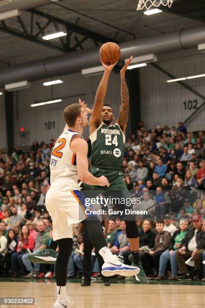 Joel Bolomboy of the Wisconsin Herd shoots the ball against the Westchester Knicks on March 10, 2018 at the Menominee Nation Arena in Oshkosh,...