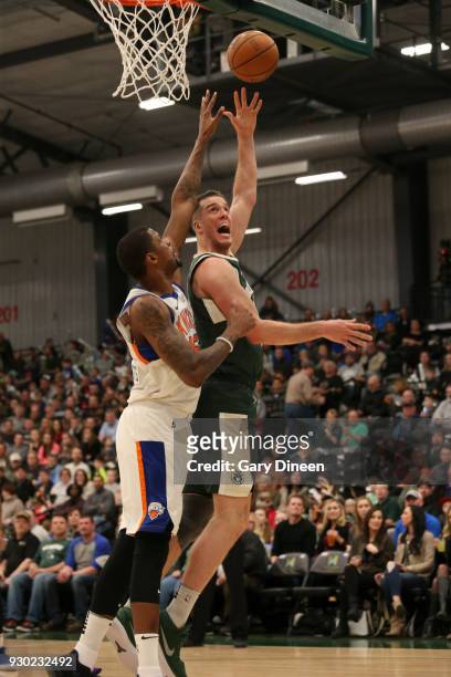 Marshall Plumlee of the Wisconsin Herd shoots the ball against the Westchester Knicks on March 10, 2018 at the Menominee Nation Arena in Oshkosh,...