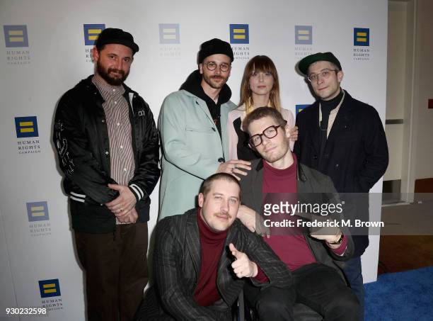 Jason Sechrist, John Gourley, Zoe Manville, Eric Howk, Kyle O'Quin and Zachary Scott Carothers of the band Portugal. The Man and guest attend the...