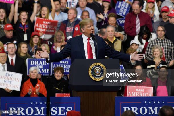 President Donald J. Trump speaks to supporters at the Atlantic Aviation Hanger on March 10, 2018 in Moon Township, Pennsylvania. The president made a...