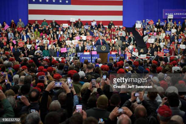 President Donald J. Trump speaks to supporters at the Atlantic Aviation Hanger on March 10, 2018 in Moon Township, Pennsylvania. The president made a...
