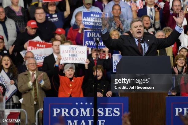 Republican congressional candidate Rick Saccone speaks to supporters at the Atlantic Aviation Hanger on March 10, 2018 in Moon Township,...