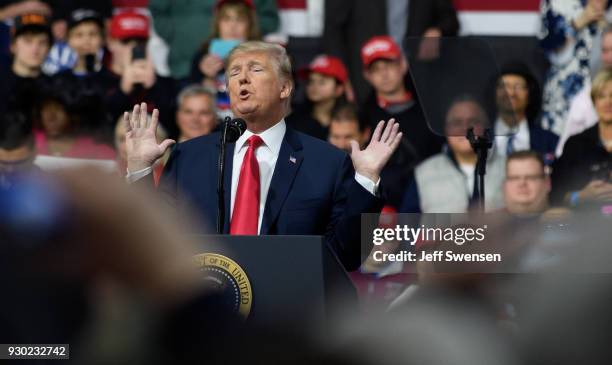 President Donald J. Trump speaks to supporters at the Atlantic Aviation Hanger on March 10, 2018 in Moon Township, Pennsylvania. The president made a...