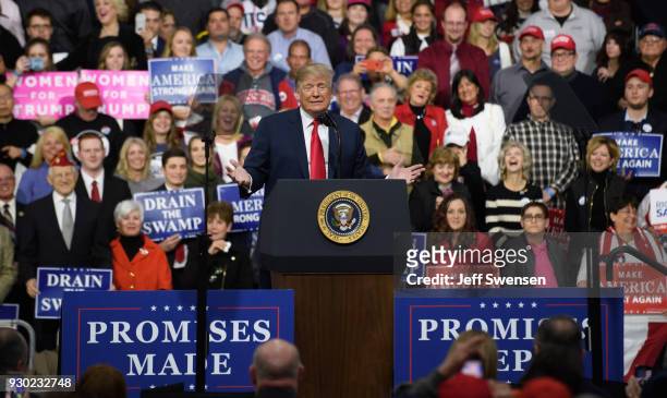 President Donald J. Trump speaks to supporters at the Atlantic Aviation Hanger on March 10, 2018 in Moon Township, Pennsylvania. The president made a...
