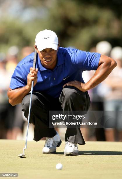 Tiger Woods of the USA prepares to putt on the 13th hole during round two of the 2009 Australian Masters at Kingston Heath Golf Club on November 13,...