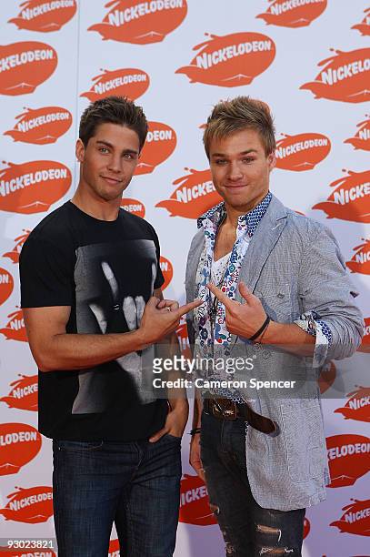 Musician and former Neighbours actor Dean Geyer and Neighbours actor Sam Clark arrive for the Australian Nickelodeon Kids' Choice Awards 2009 at...