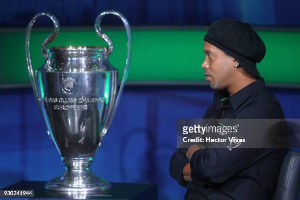Brazilian former soccer player Ronaldinho is interviewed during the UEFA Champions League Trophy Tour presented by Heineken on March 09, 2018 in...