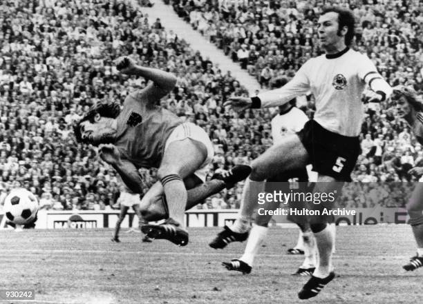 Franz Beckenbauer of West Germany blocks another attack during the FIFA World Cup Final against Holland played at the Olympic Stadium, in Munich,...