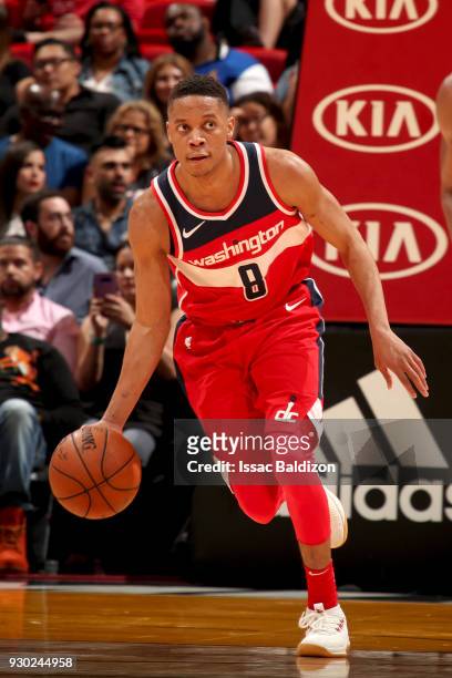 Tim Frazier of the Washington Wizards handles the ball against the Miami Heat on March 10, 2018 at American Airlines Arena in Miami, Florida. NOTE TO...