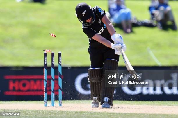 Katey Martin of New Zealand is bowled by Deandra Dottin of the West Indies during the Women's One Day International match between New Zealand and the...