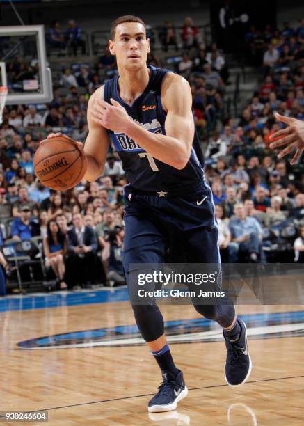 Dwight Powell of the Dallas Mavericks handles the ball against the Memphis Grizzlies on March 10, 2018 at the American Airlines Center in Dallas,...