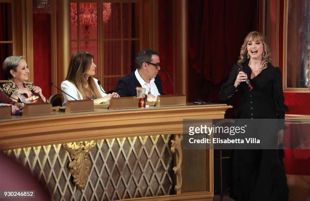 Milly Carlucci and members of jury Carolyn Smith, Selvaggia Lucarelli and Guillermo Mariotto attend 'Ballando Con Le Stelle' tv show on March 10,...