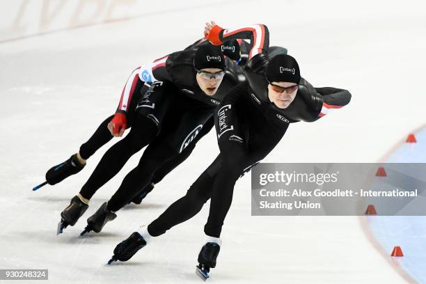 Tyson Langelaar; Connor Howe and David La Rue of Canada compete in the men's team sprints final during the World Junior Speed Skating Championships...