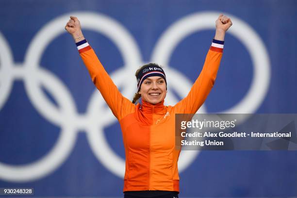 Joy Beune of the Netherlands celebrates after winning the ladies allround during the World Junior Speed Skating Championships at Utah Olympic Oval on...