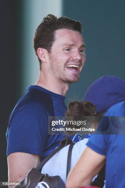 Patrick Dangerfield of the Cats is seen off the ground at half time during the JLT Community Series AFL match between the Geelong Cats and the...